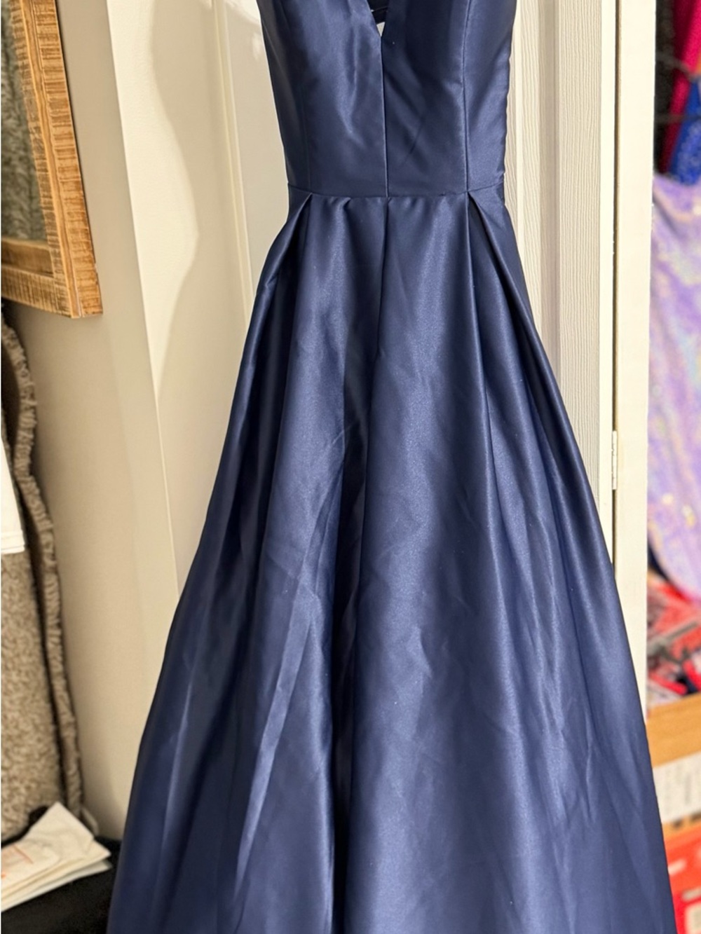 Blondie Nites Navy Satin Formal Dress with Strappy Bodice